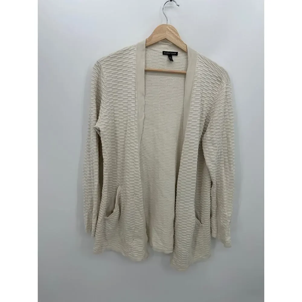 Eileen Fisher Womens Cream Knit Cardigan Sweater Size M Silk Blend Sustainable - Picture 1 of 7